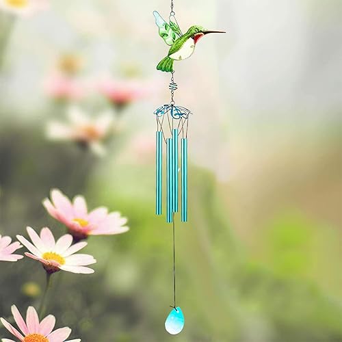 Miniatura 6 de Campanas de viento de colibrí verde, campanillas de viento para exteriores, campanillas románticas móviles pintadas de vidrio de 26 pulgadas, patio,