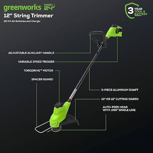 Miniatura 4 de Greenworks Cortacésped autopropulsado de batería inalámbrica de 48 V (2 x 24 V) de 21 pulgadas, recortadora de cuerda de 10 pulgadas y kit combinado