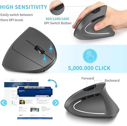 Miniatura 8 de Ratón ergonómico vertical inalámbrico recargable, mouse vertical óptico USB de 2.4 G con 3 DPI ajustables de 80012001600 niveles, 6 botones para