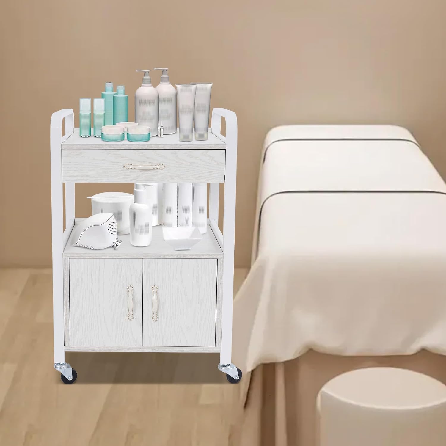 DNYSYSJ Salon Trolley Cart, White Rolling Storage Cart with Wheels & Storage Cabinet, 3-Tier Makeup Organizer Carts Esthetician Carts for Beauty Salon Station, Spa, Utility Styling Tools