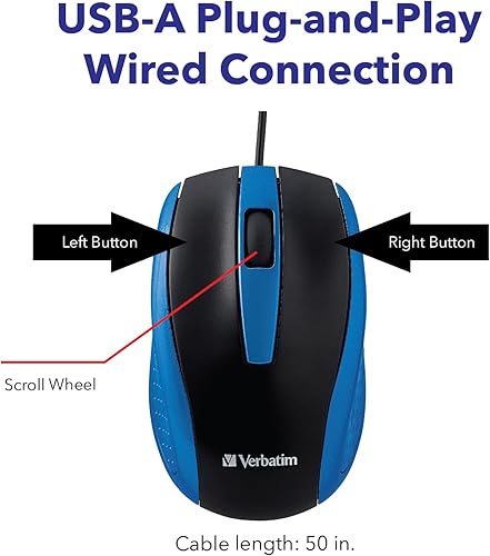 Miniatura 15 de Verbatim Computadora con cable, mouse USB con cable para portátiles y PC, uso a mano derecha o izquierda, color negro Negro