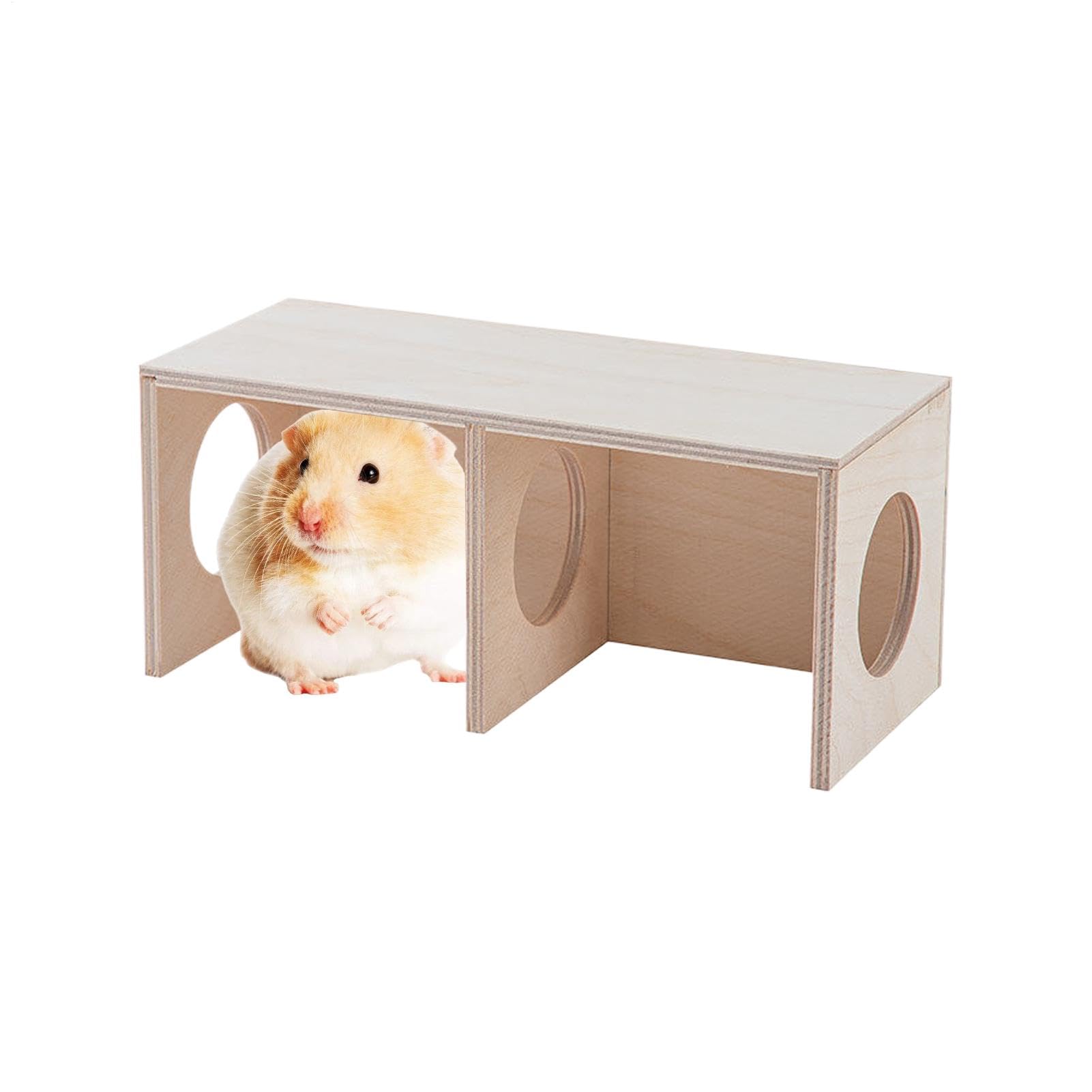 Wooden Hamster Conceal Habitat, 2-Chamber Multi-Room Small Animal Hiding Place, Natural Wood Hamster House and Maze, Cozy Shelter and Landscape Ornament for Hamsters, Gerbils,small Pets