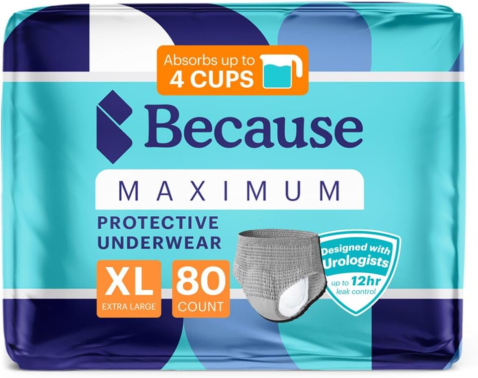 Because Maximum Incontinence Underwear for Men - Heavy Bladder Leak Protection, Ideal for Overnight Leakage, Sleek, Invisible Fit, Grey, XLarge - Absorbs 4 Cups - 80 Count (4 Packs of 20)