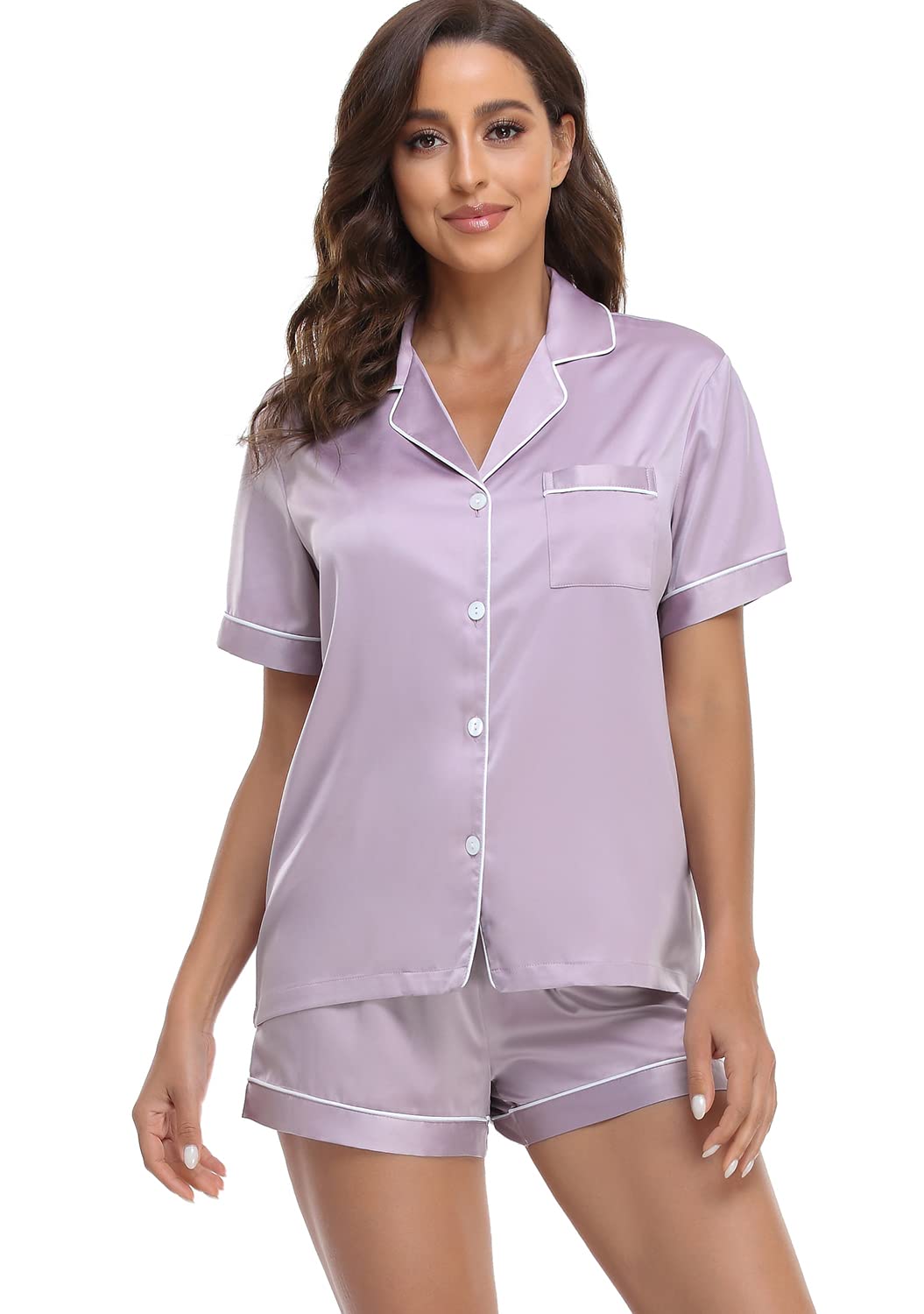Serenedelicacy Women's Satin Pajama Set 2-Piece Sleepwear Loungewear Button Down Short Sleeve Silky PJ Set