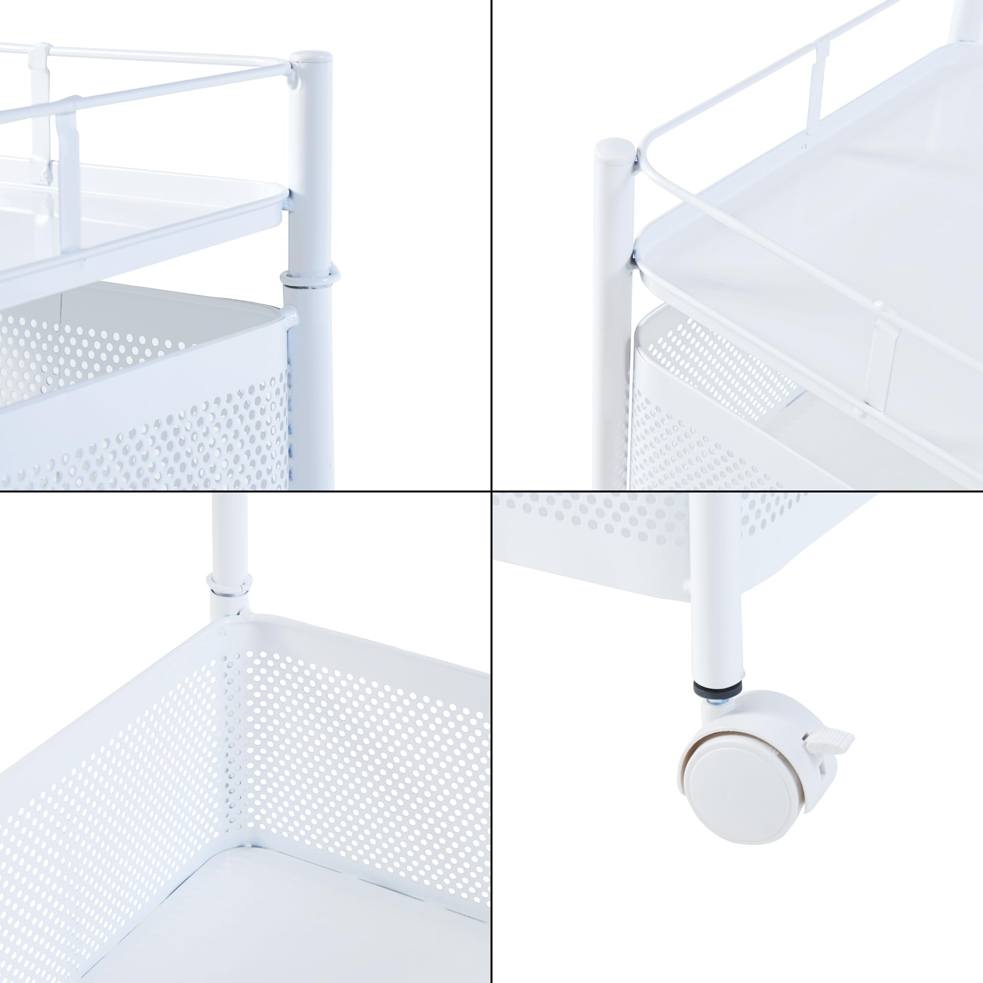 [en.casa] Carro de Servicio con 5 Cestas Rectangulares Verdulero con Paredes Perforadas y 4 Cestas Superiores Giratorias Carrito de Cocina Baño con 4 Ruedas Acero 95x27x27 cm - Blanco