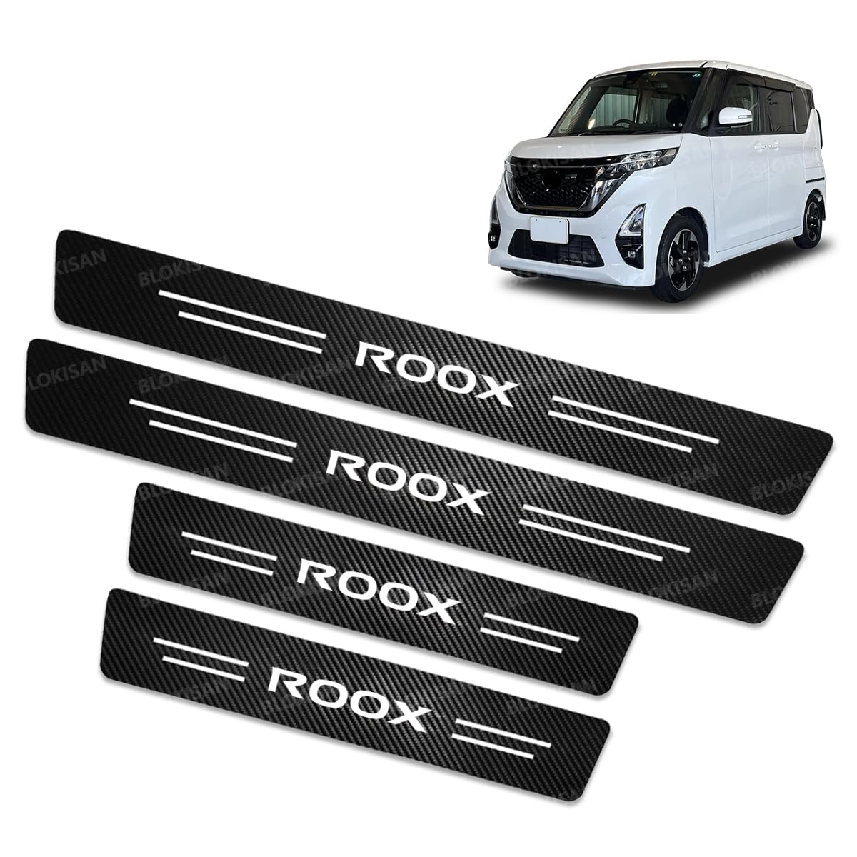 新型【ルークス】用 ROOX スカッフプレート 車用サイドステップガード 炭素繊維テクスチャー ルークス B40系 などの車種に適用 車用ドアモール サイドモール 傷防止 防雨水 車両保護 4点セット（ROOX）