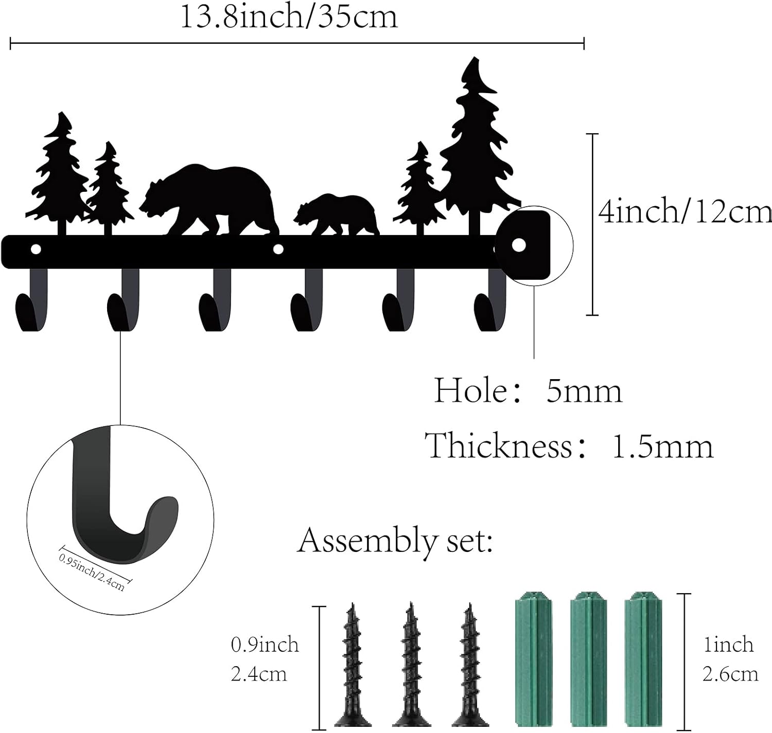 CREATCABIN Bear Key Holder Decorative Hooks Large-13.8" x 4" Wall Mounted Metal Key Hooks Towel Hat Racks with 6 Hooks Bear Tree Forest Design Iron Key Hanger for Wall, Bathroom, Kitchen, Entryway