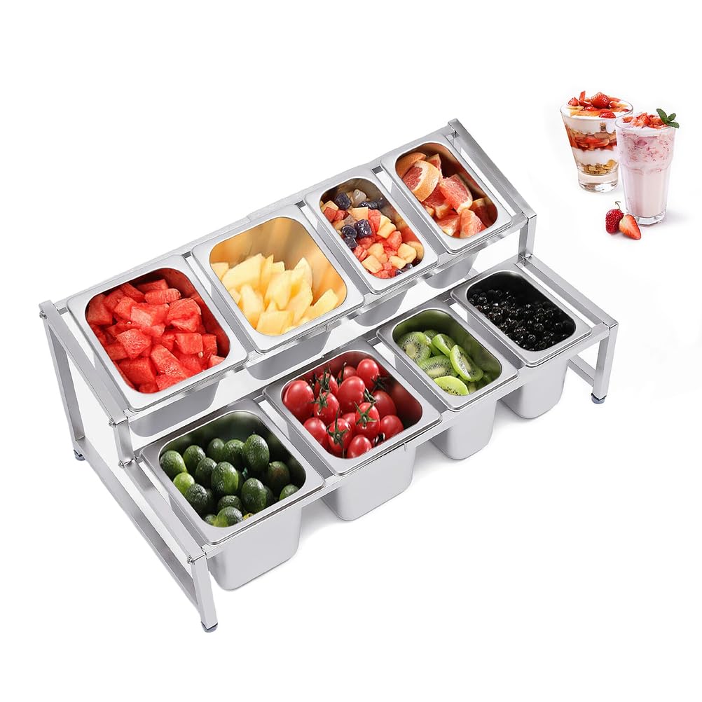 Rozkładana półka na przyprawy, Stal nierdzewna Pochylony organizer na przyprawy z 4 1/9 miską, 4 1/6 miską i 8 chochlami do przypraw do bufetów kuchennych i restauracyjnych