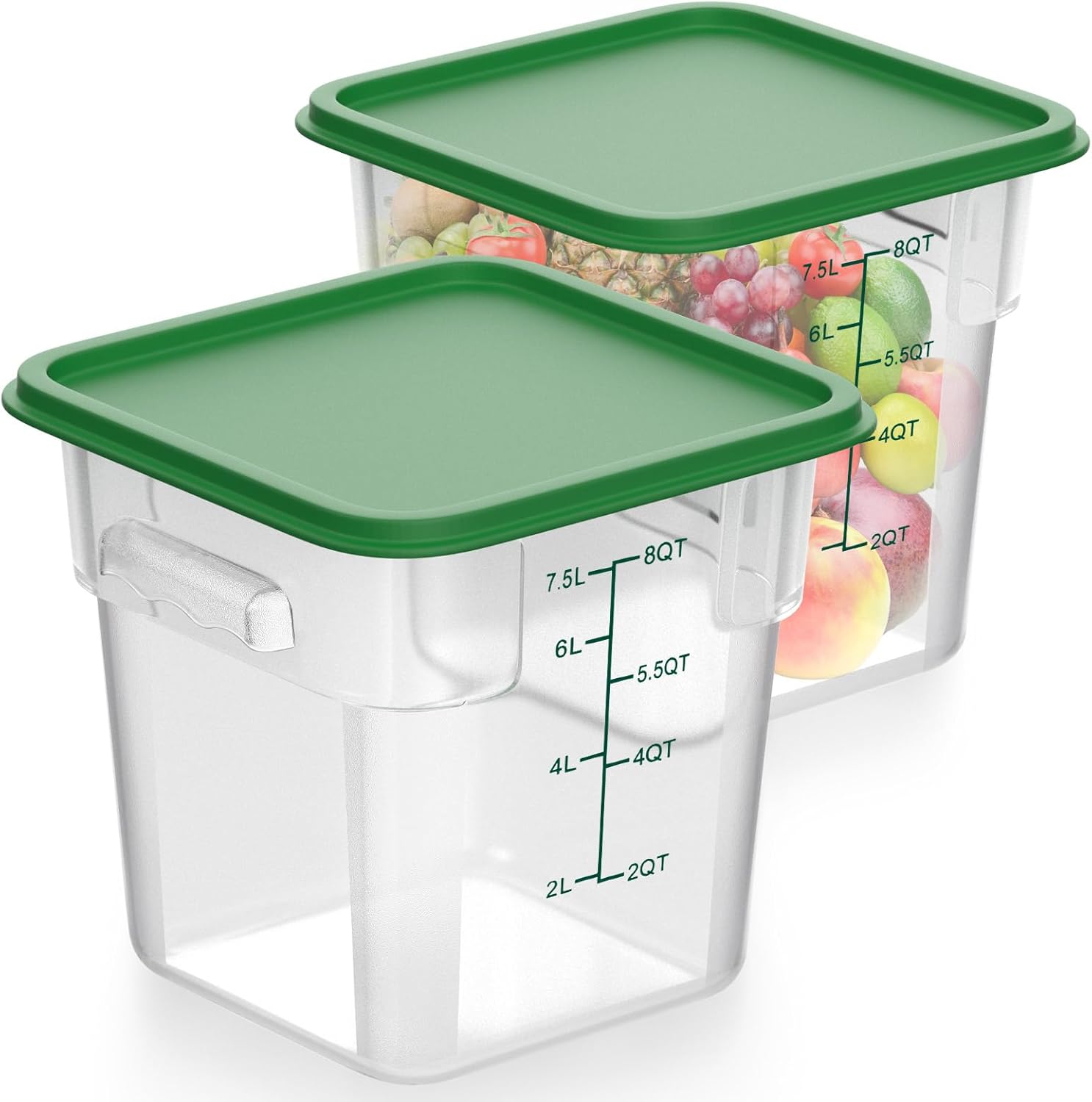 2 Pieces Square Food Storage Containers Polycarbonate Clear food Container with Lid Commercial Storage with Graduations for Commercial Kitchen Dough Marinating Meat(Green, 8 Qt) Green 8 qt