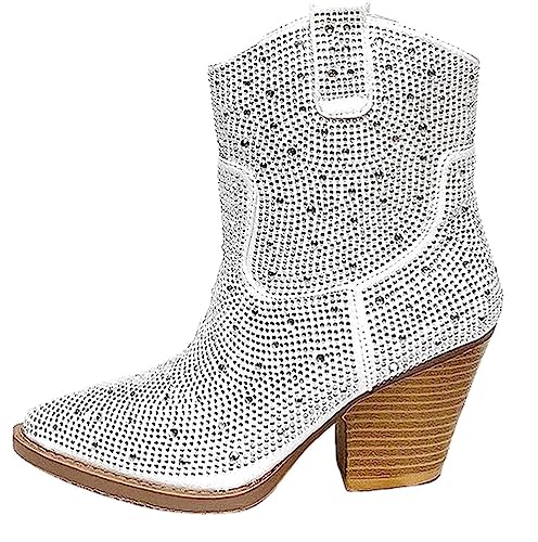 Women's Rhinestone Block Heel Ankle Boots River-01 By Forever White 6