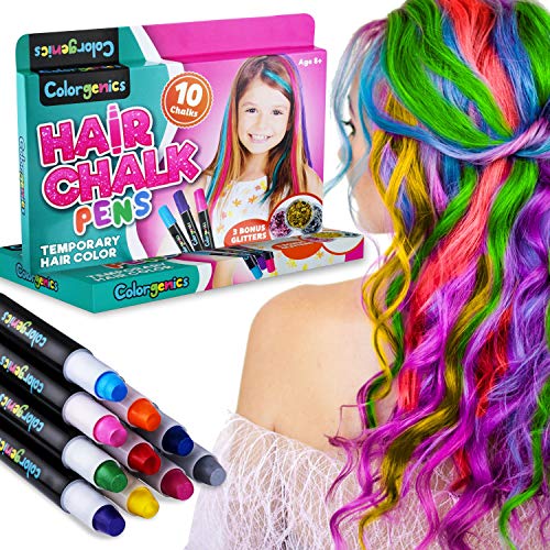 Colorgenics Hair Chalk for Girls, Temporary Hair Chalk for Kids, 10 Color Hair Chalk Pens & Glitters, Non-Toxic Washable Hair Color for Kids, Hair Dye for Girls, Great Birthday Gifts for Girls