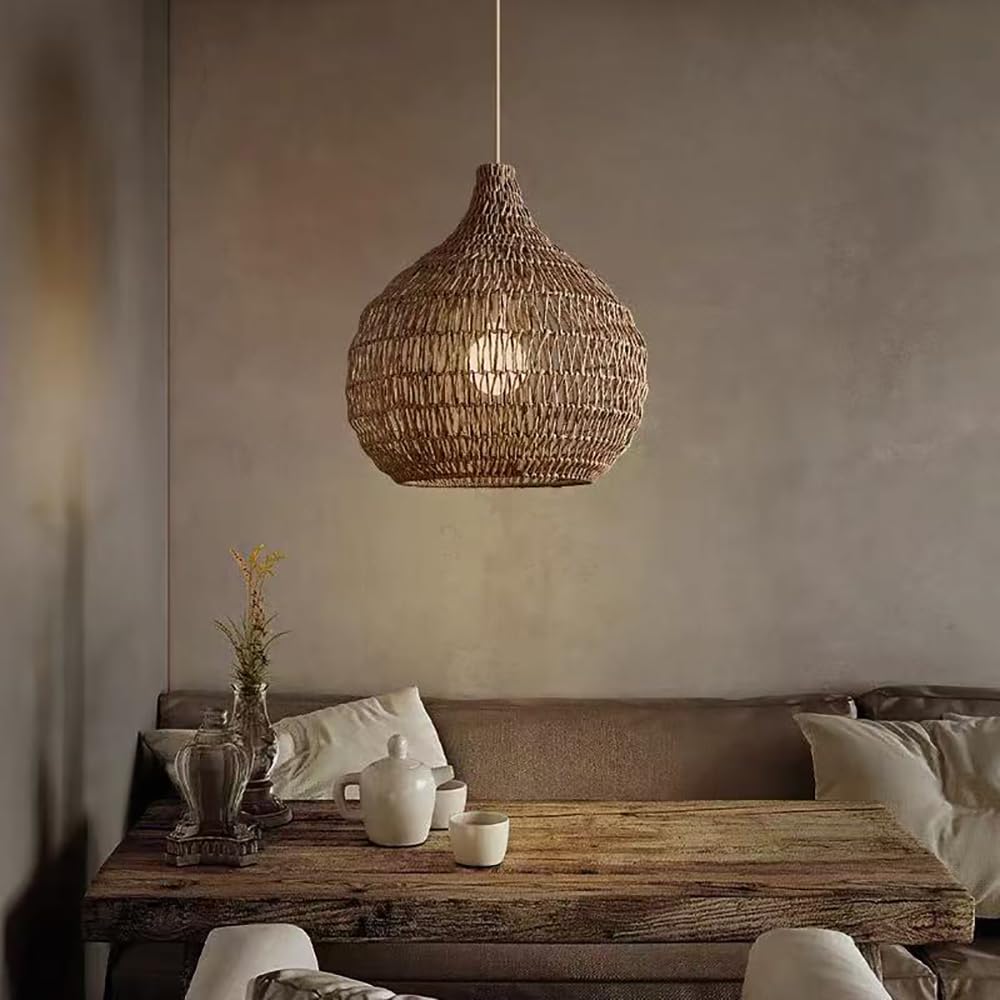 XQIDIANAA Boho Rattan Pendant Light,Farmhouse Coastal Wicker Hanging Ceiling Light Chandelier,Handmade Lampshade for Kitchen Island