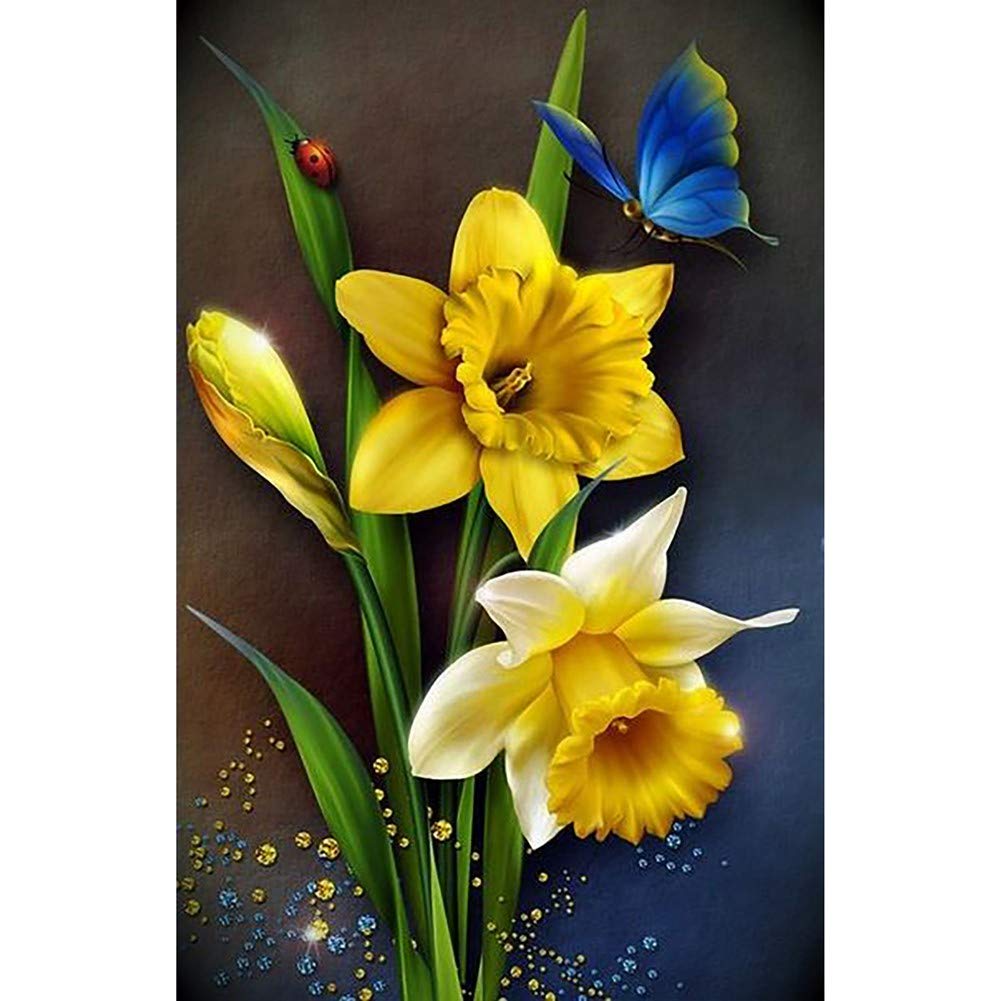 WOWDECOR 5D Diamond Painting Kits, Blue Butterfly Daffodil Flowers Full Drill DIY Diamond Art Cross Stitch Paint by Numbers