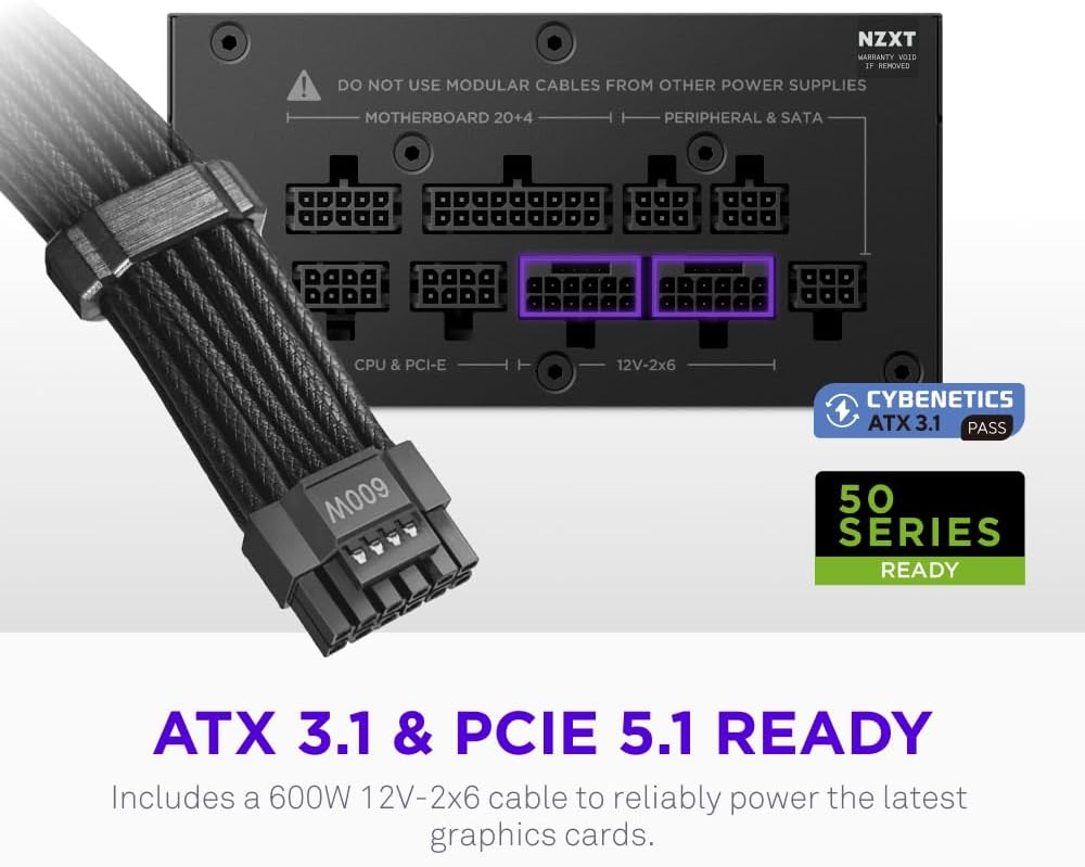 NZXT C850 SFX Gold - 850W SFX ATX 3.1 Power Supply - 80 Plus Gold - Cybenetics Platinum - Fully Modular - PCIe 5.1 600W 12V-2x6 - Japanese Capacitors - Black