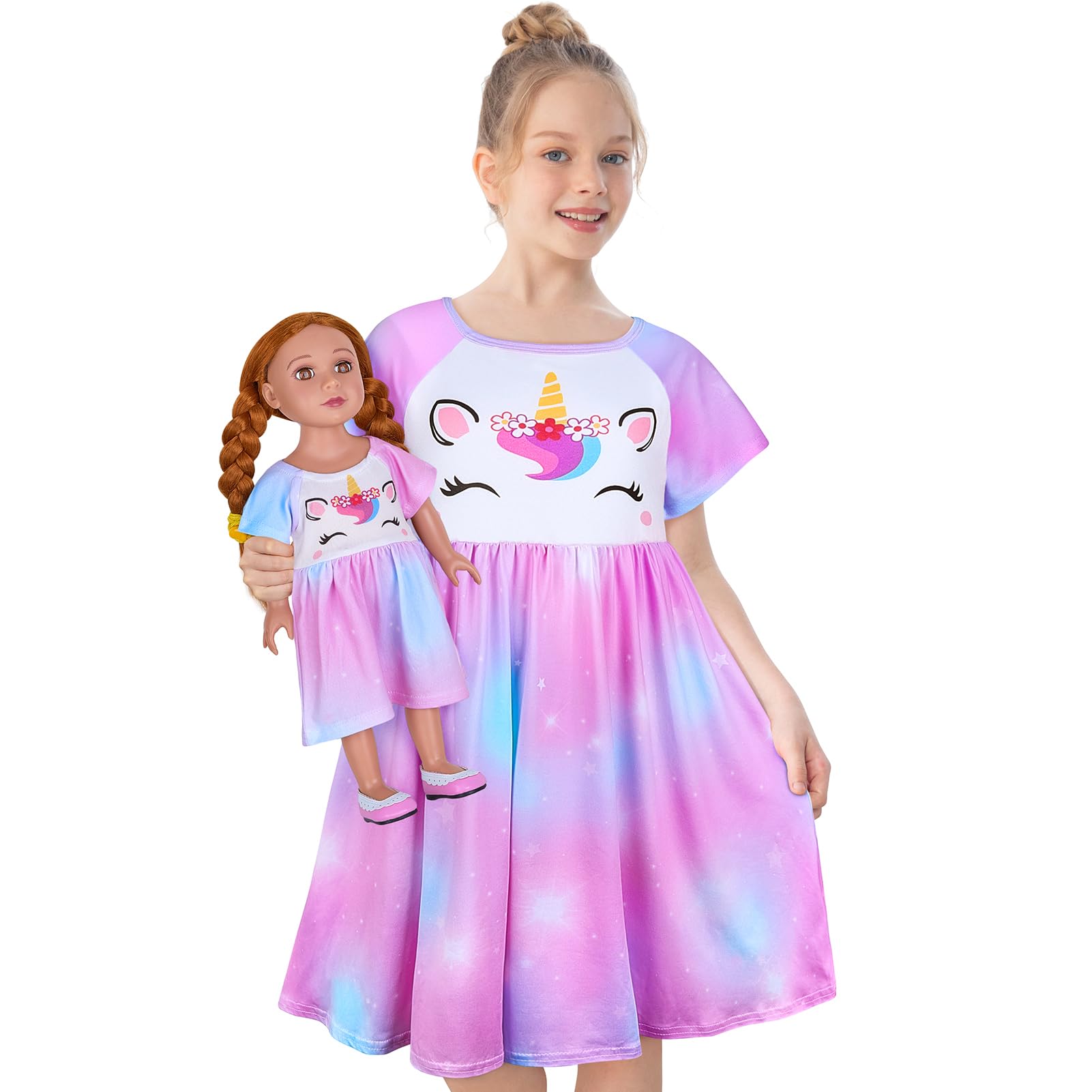 Play Tailor Doll & Girl Matching Nightgown for 18" Doll Clothes Accessories | Doll Not Included, Doll Clothes for 18 Inch Dolls, Birthday Christmas Gift, Soft Breathable Stretch Fabric, Knee Length Light Pink 4-5T