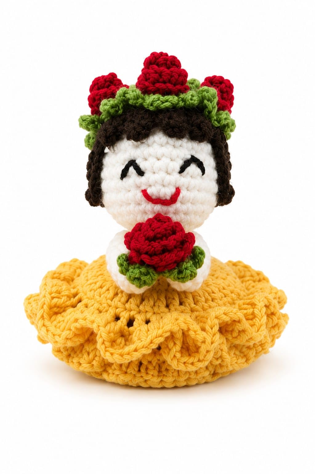 Handmade Crochet 2-in-1 Bouquet Doll Amigurumi Yarn Figure | Floral Rose Crown Detail, Ruffled Yellow Dress, Home Decor Figurine, Handcrafted Yarn Art, Valentine's Day Doll-image-11