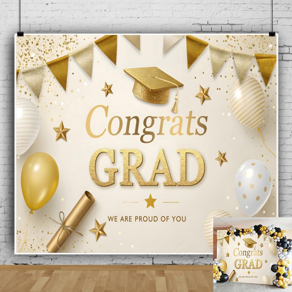 10x8ft Gold Graduation Backdrop Class of 2026 Glitter Balloons Bachelor Cap Congrats Grad Backdrops for Photoshoot Congratulations Grad Graduations