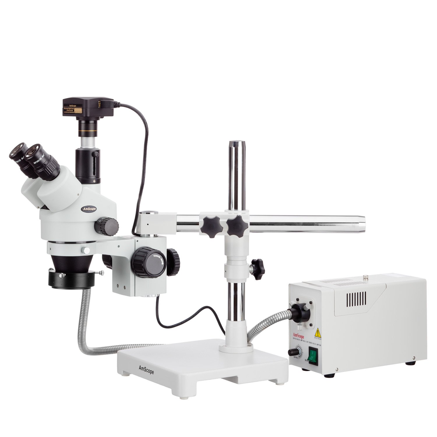 AmScope - Microscopio estéreo con zoom trinocular de 3,5 x 45 x boom, con anillo de fibra óptica y cámara de 3 MP