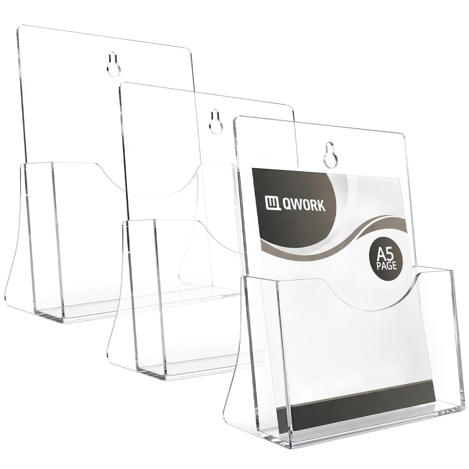 QWORK® A5 Leaflet Holder, 3 Pack Clear Acrylic Brochure Stand – Dual-Use Wall Mount & Countertop Flyer Display for Restaurants, Offices & Receptions