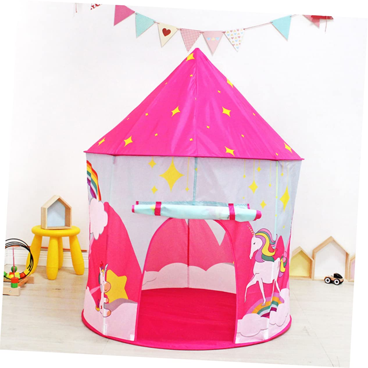YARNOW Gioco per Bambini a Forma di Unicorno Rosa, Pieghevole Portatile Porta Avvolgibile, Casetta da Gioco Interna per Cameretta, Materiale Ecocompatibile Traspirante e Facile