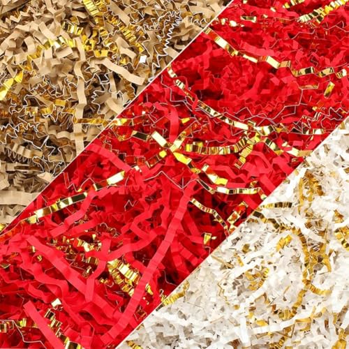 Raffia Material de relleno Regalo Hamper Shred Papel triturado 300 g,Material de relleno Regalo Blanco y Dorado, Rafia Peinado para Embalaje Caja de Regalo Decorativo