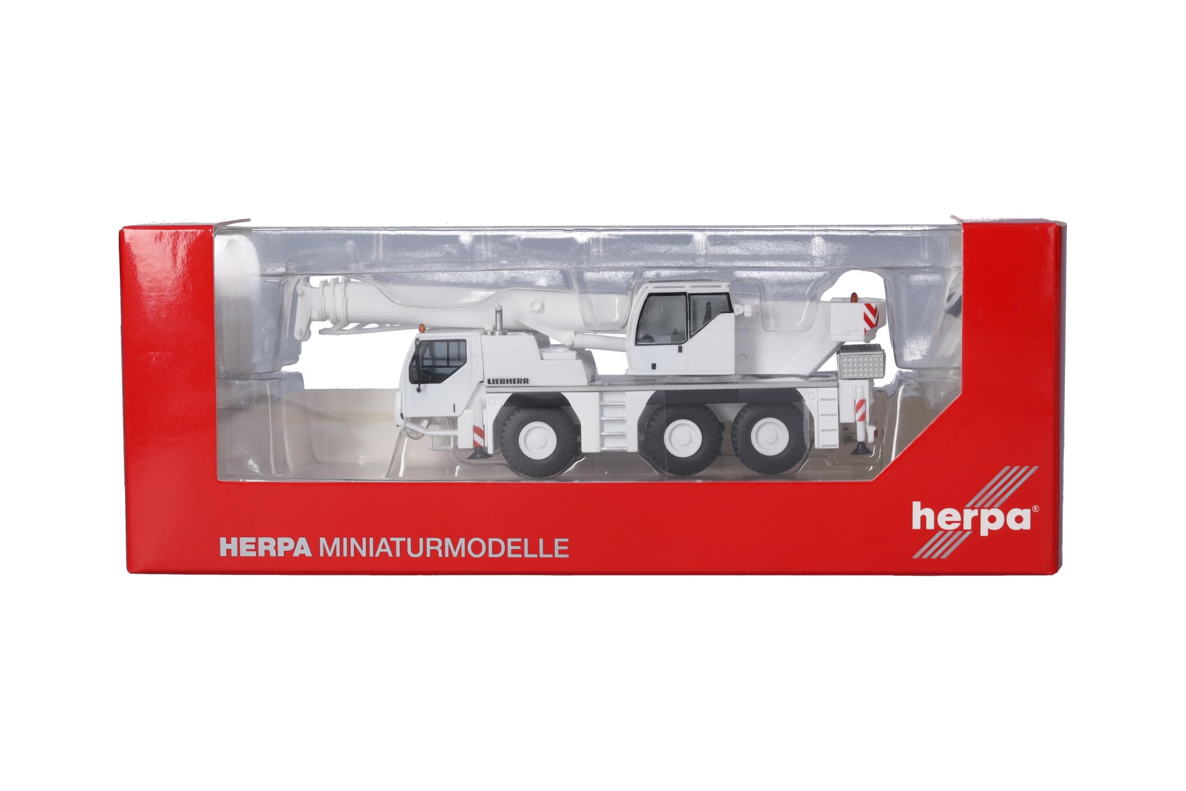 Herpa model ciężarówki Liebherr żuraw samojezdny LTM 1045 „Liebherr”, miniatura w skali 1:87, model kolekcjonerski, Made in Germany, tworzywo sztuczne, biały