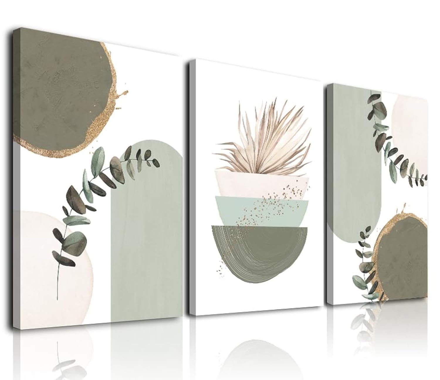 Sage Green Boho Wall Art, Modern Nordic Green Wall Decor, Minimalist Watercolor Leaf Framed Canvas Print Paintings, Abstract Sage Green Boho Room Decor for Living Room Bedroom Bathroom Office