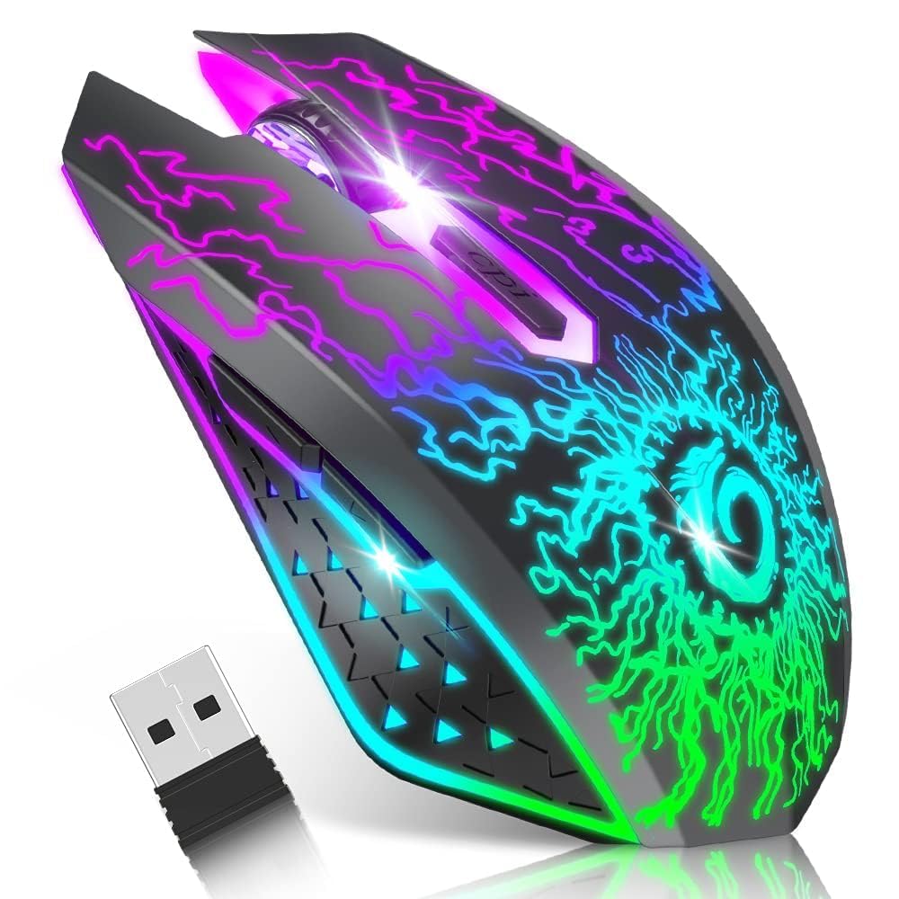 VersionTECH. Wireless Mouse, 2.4 GHz, USB Rechargeable, 7 Colors, RGB Light, High Precision, 3 Levels of DPI Adjustable, 6 Buttons, Gaming Mouse, Lightweight, Compatible with PC Laptops, Black