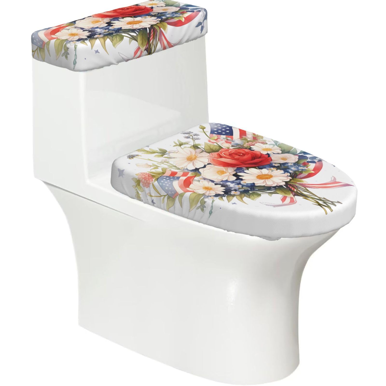 Flags and Flowers 2-Piece Toilet Seat Cover Set with Tank Lid - Elastic for U-Shape & Elongated - Bathroom Decor