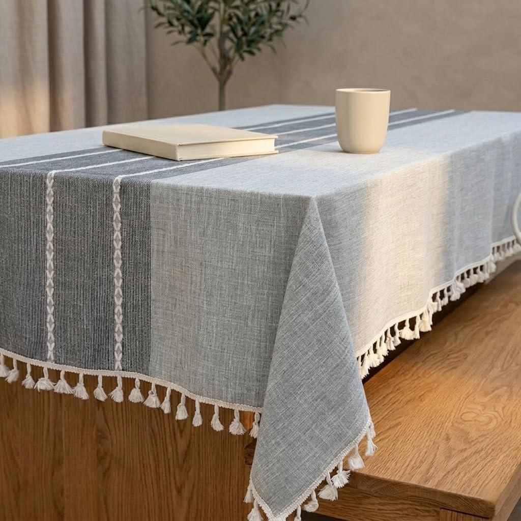 Nesrefyn Tablecloths for Rectangle Tables, Cotton Linen Table Cloth Non-slip Tablecloth Wrinkle Free Farmhouse Dining Table Cover, Soft Fabric Table Cloths with Tassels, Grey, 55" X 86", 6-8 Seats