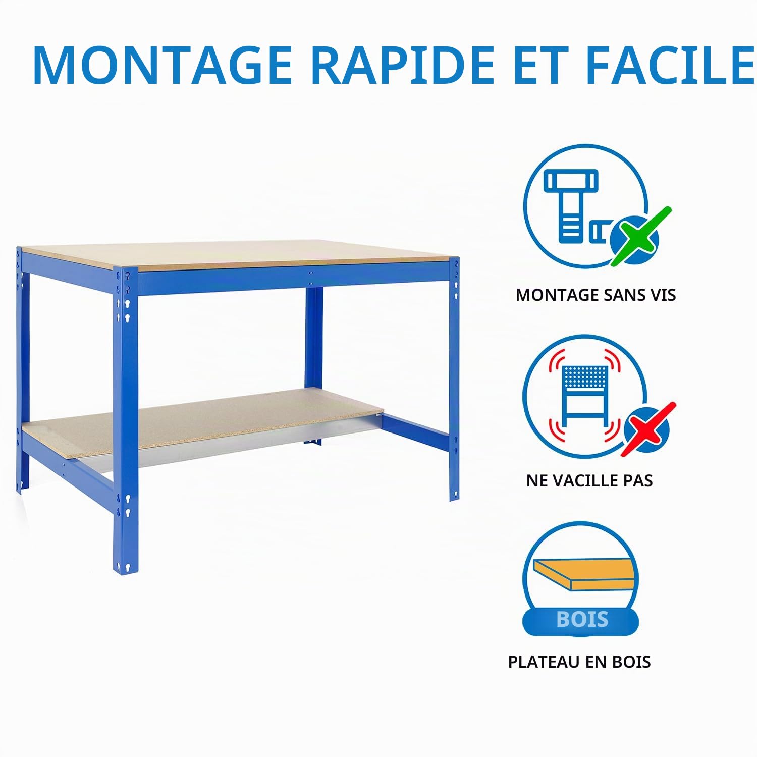 SimonRack Etabli d’Atelier, Capacité de Charge 600 kg, 842x1210x760 mm, Étagère Tiroir de Rangement, Table de Travail Bricolage, Bleu/Bois - BT0