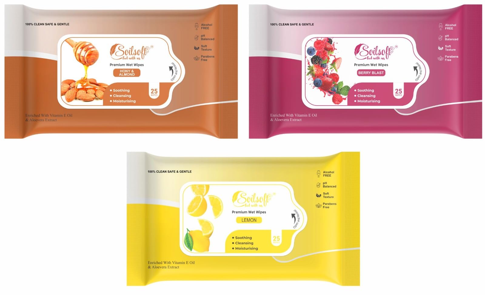 Soilsoft Lemon Honey Almond Berry Blast Wet Wipes 75 Sheets Refreshing Moisturizing Cleansing Tissue for Face Hand Body Daily Hygiene Travel Use Pack (H&A + BB + LEM)-image-35