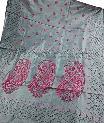 Image of SHRISTI CLOTHINGS Women's Hand Embroidered Cotton Silk Kantha Stitch Saree with Blouse Piece (J420724 GREYD45)