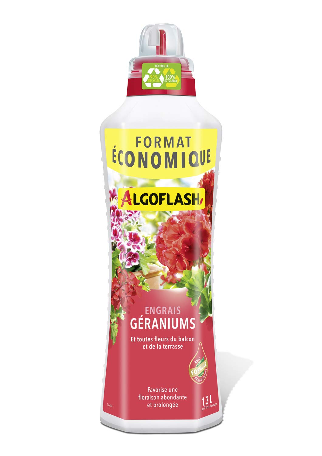 ALGOFLASH Engrais Géraniums et Toutes Fleurs de Balcon, Bouchon Doseur Inclus, 1,3 L, ALIBAC1300N