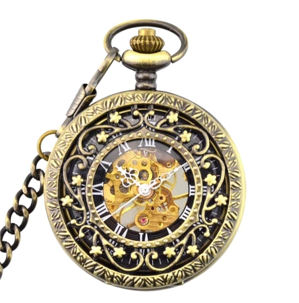 Dekoracja Zegarka Kieszonkowego Zegarek kieszonkowy Steampunk Rzeźbione kwiaty Ręcznie nakręcany Mechaniczny Cyfry rzymskie Szkielet Akcesoria Do Kostiumu(D)