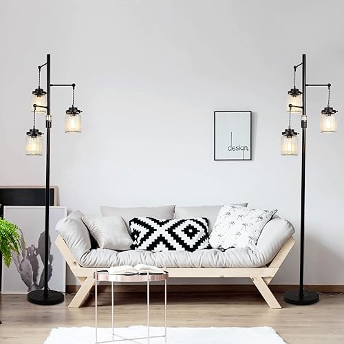 Miniatura 6 de Lámpara rústica industrial de granja con 3 pantallas de vidrio, lámparas de pie altas con interruptor regulable, base resistente, lámparas de pie