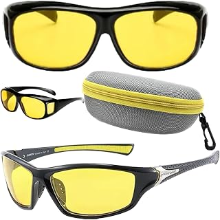 TWO Matching HD Night Vision Driving Sunglasses Glasses Yellow Polarized Anti Glare Wrap Around goggles UV Protection Fit Over Prescription Glasses Gift for men and Women