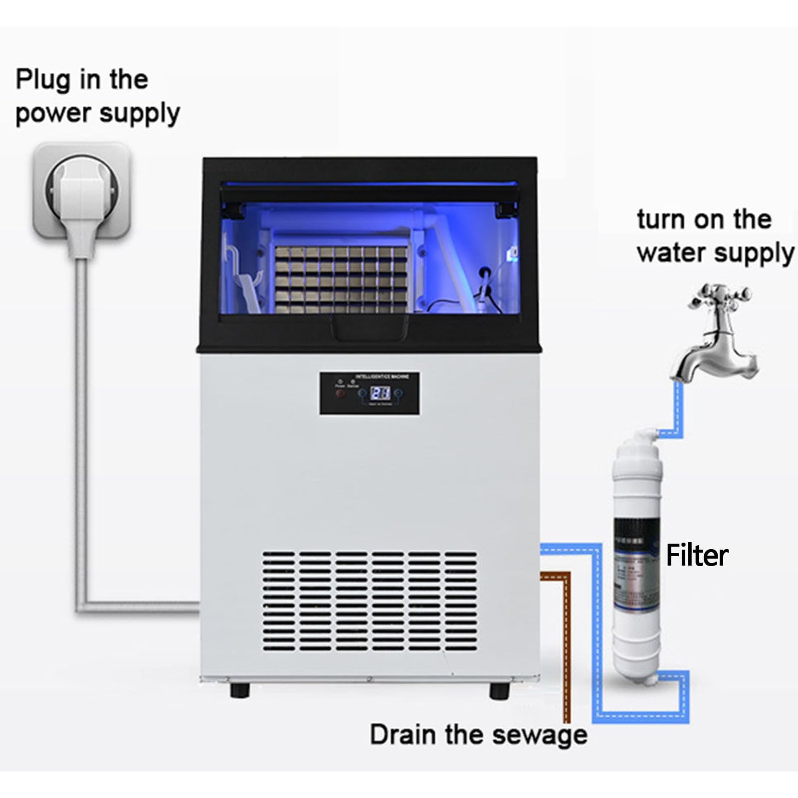 Máquina para Fabricar Hielo 100kg/24 H Almacenamiento 15Kg,45 Cubitos por Ciclo Acero Inoxidable,Independiente Y Encimera con Pantalla LED Y Autolimpieza,para Bar,Restaurante