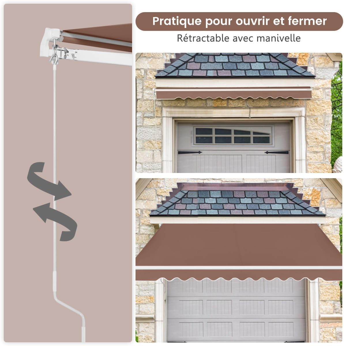 Image showing a person using the crank handle to operate the retractable awning, with arrows indicating clockwise and counter-clockwise rotation for opening and closing.
