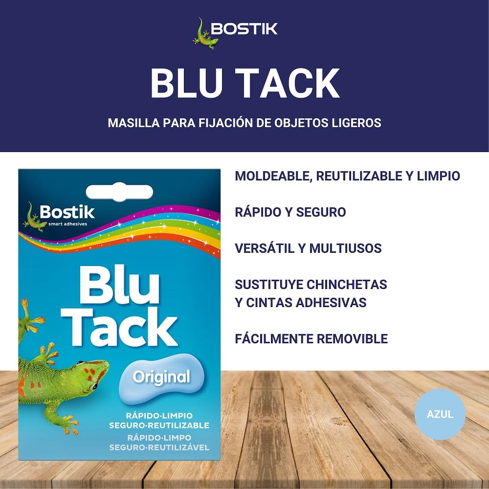 BOSTIK Blu Tack Original Azul, Masilla Adhesiva, Moldeable y Reutilizable, Fijación de Todo Tipo de Objetos, Limpia, Segura y Fácil de Usar, Sustituye Chinchetas y Cintas Adhesivas, Sobre 57 g