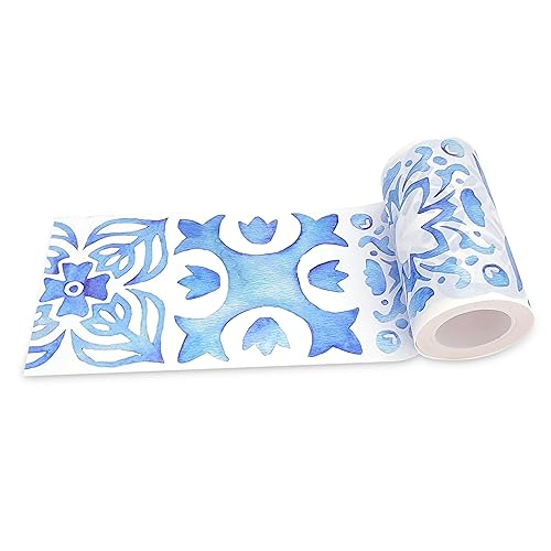 Serenity Fair - Cinta Washi con patrón de azulejos italianos, cinta adhesiva washi decorativa de inspiración marroquí azul y blanca reposicionable,