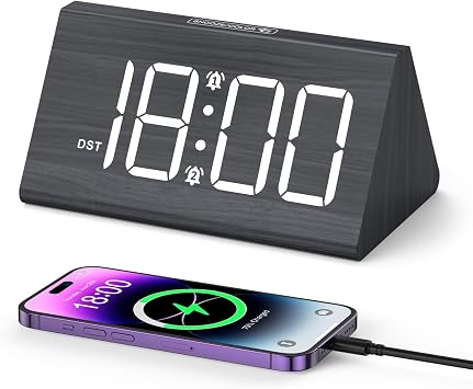 Wooden Alarm Clock for Bedrooms, Digital Alarm Clocks with 7 Colors Ambient Light, Electric Desk Clock with Large Numbers, Adjustable Volume, Dimmer, Digital Wood Clocks with Snooze, 12/24H