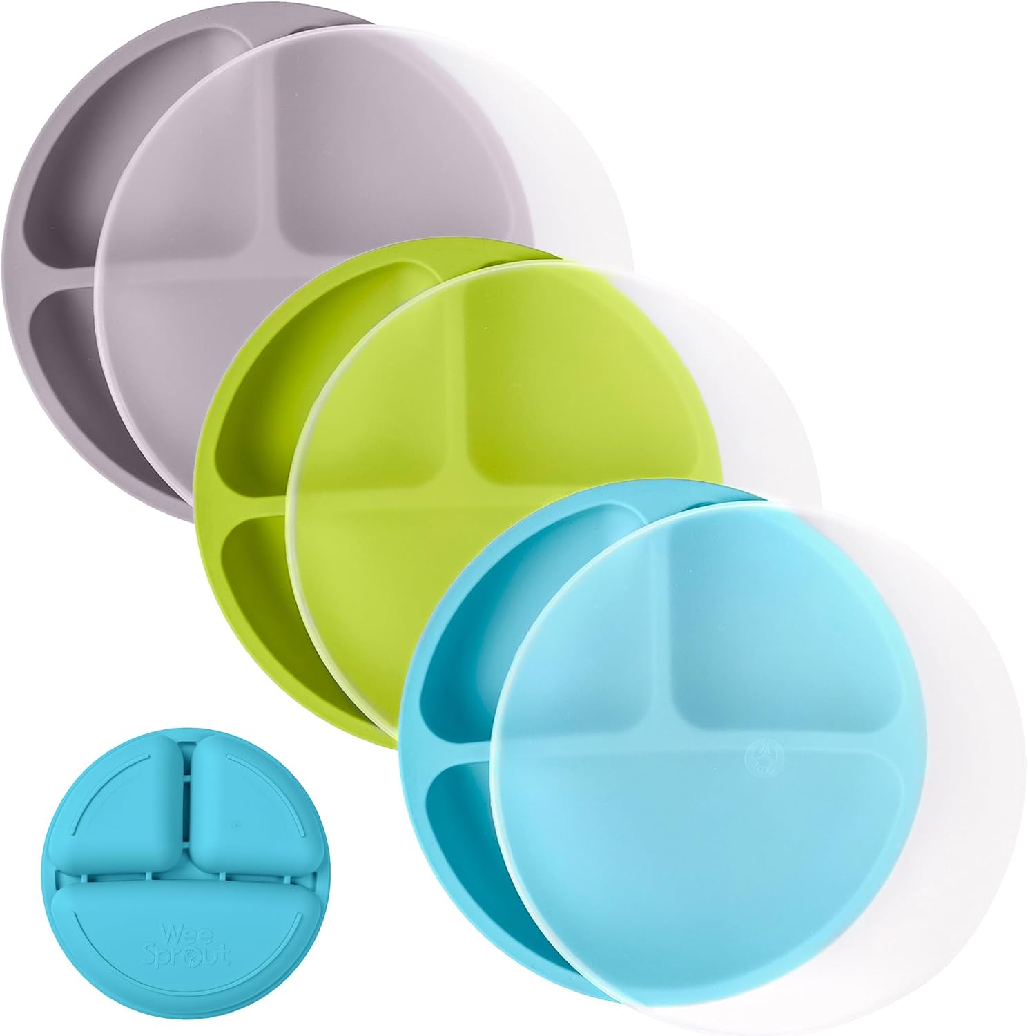 WeeSprout Silicone Plates with Lids for Babies & Toddlers (3 Pack) 100% Food-Grade Dishes for Self Feeding, Divided Design & Raised Edges for Picky Eaters, Dishwasher & Microwave Safe Weaning Supplies