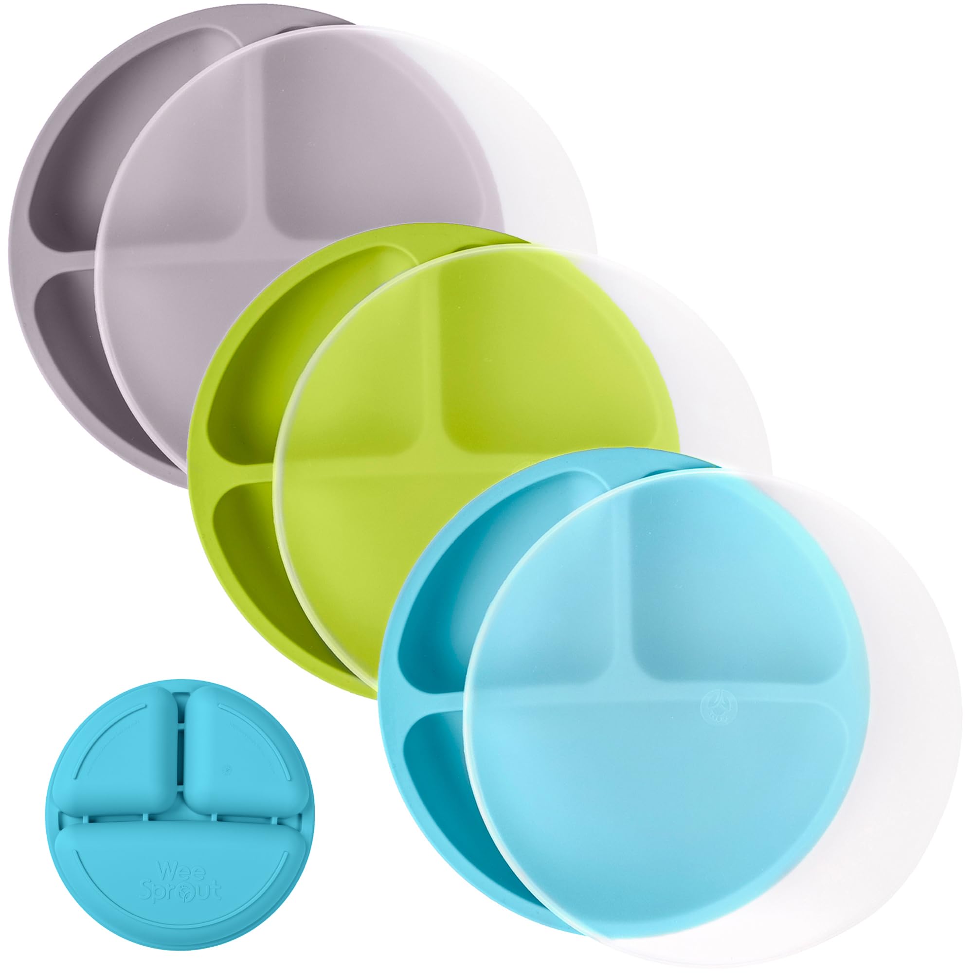 WeeSprout Silicone Plates with Lids for Babies &amp; Toddlers (3 Pack) 100% Food-Grade Dishes for Self Feeding, Divided Design &amp; Raised Edges for Picky Eaters, Dishwasher &amp; Microwave Safe Weaning Supplies