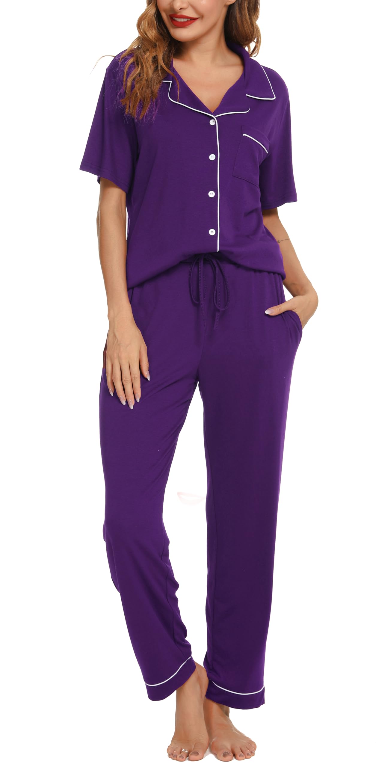 Lovasy Pigiama Donna Estivo Set,Corta Pigiama Camicia con Bottoni sul Bavero Comodo Pantaloni Lunghi Traspiranti Pigiama da Casa Casual in Due Pezzi S-XXL