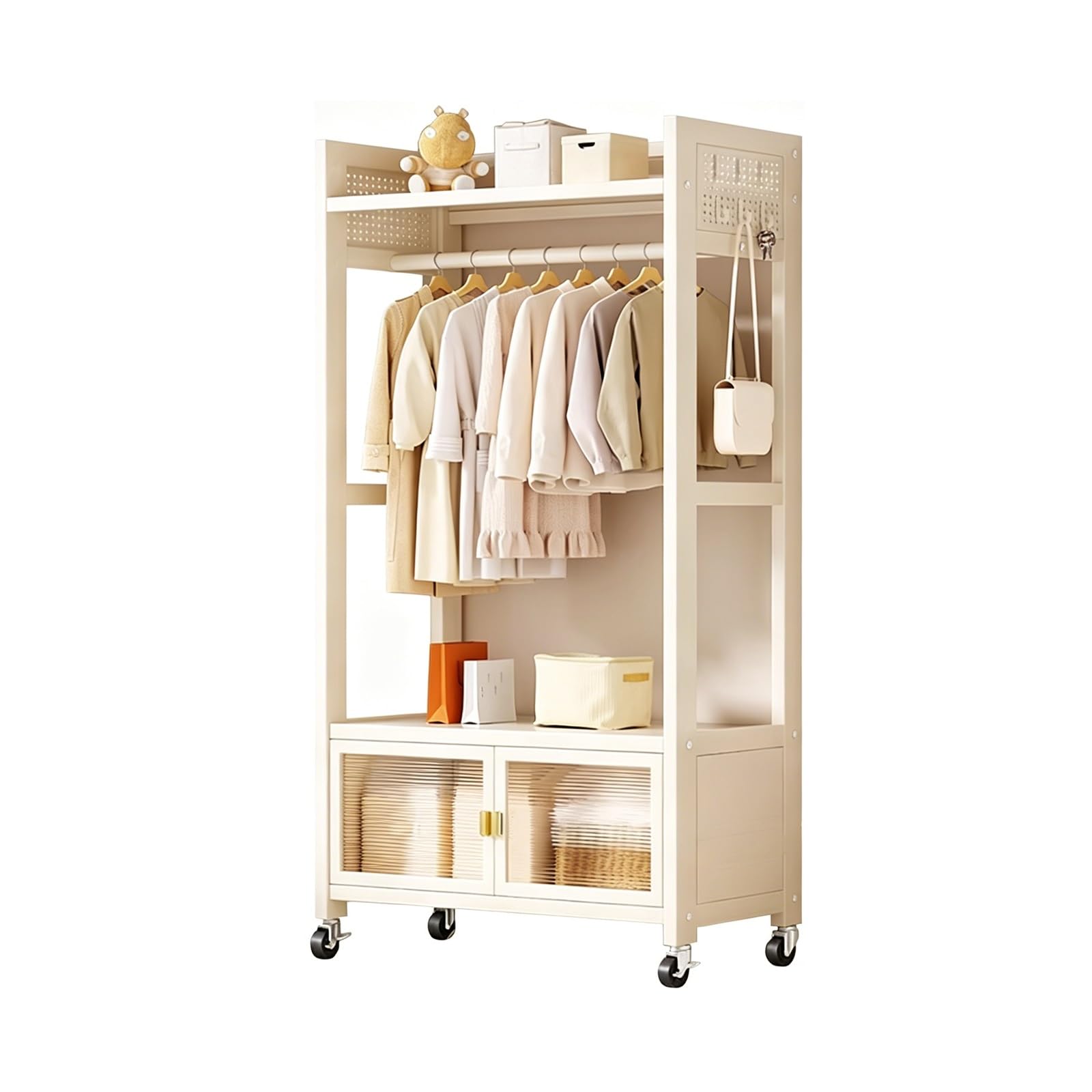 Armario Ropero Metalico Estanteria y Barra Fuerte Capacidad de Carga Armario Esquinero Dormitorio Juvenil con Ruedas para Dormitorios y Apartamentos(White,60x34x171cm)