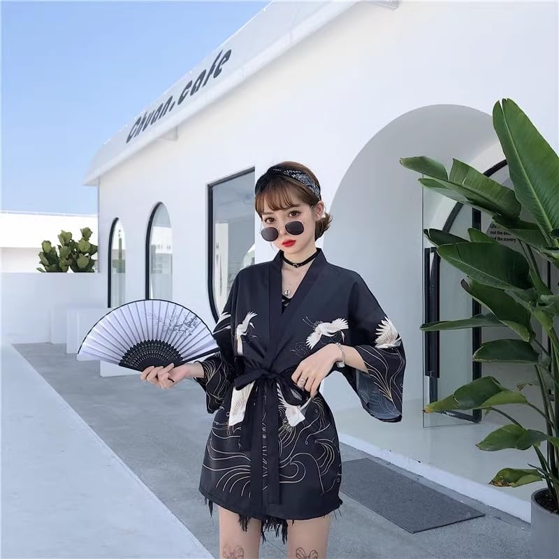 Image of LAI MENG FIVE CATS Women's Floral Print Loose Blouse Japanese Kimono Tops | Puff Sleeve,Cover up Top,Casual Cute Tops,Summer Cardigans 2026