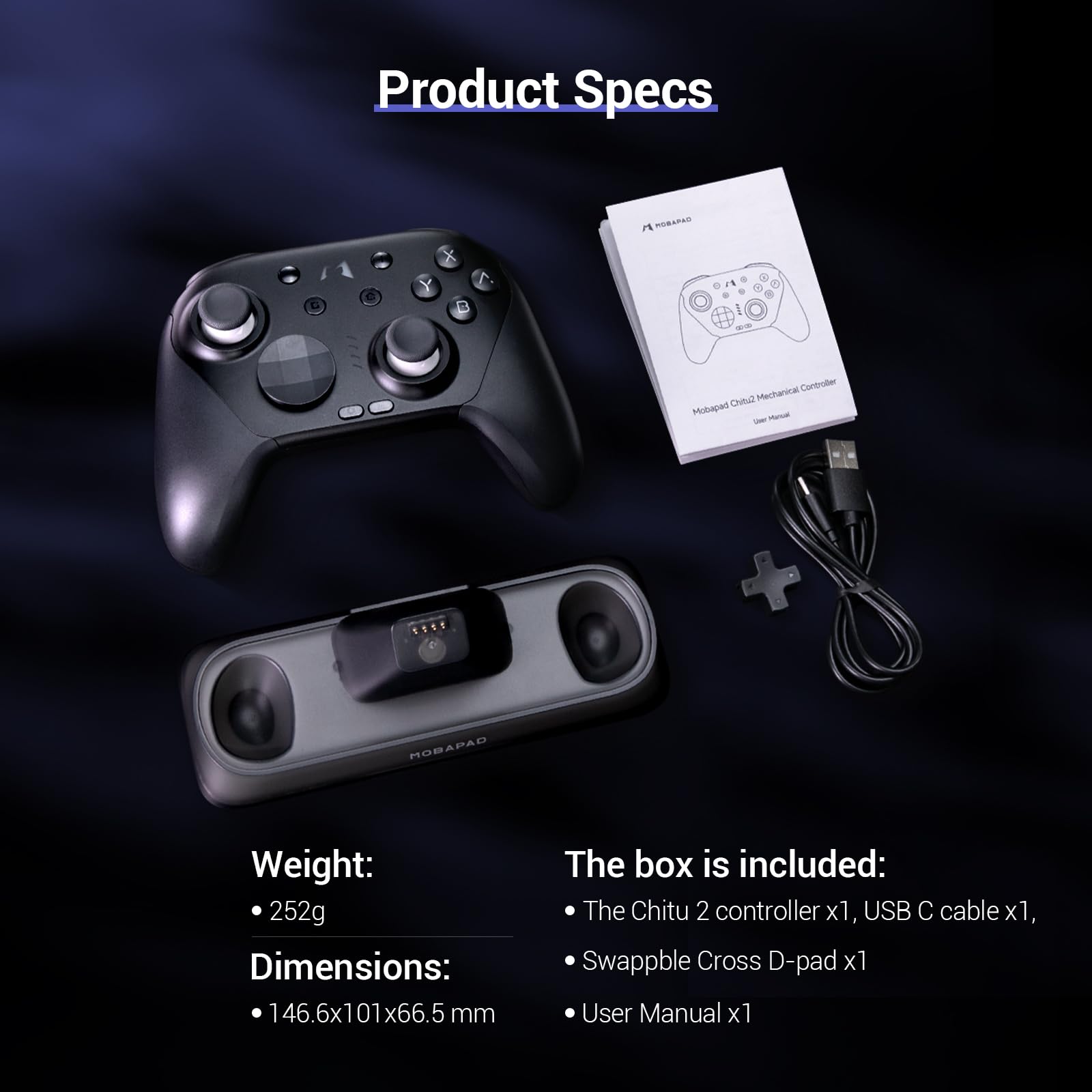 AKNES MOBAPAD Chitu2 HD Mando inalámbrico para Switch/PCAndroid/iOS(Negro) | Joysticks TMR Glide, Botones mecánicos, HD Rumble, NFC, 6 ejes, Base RGB, Botones traseros programables