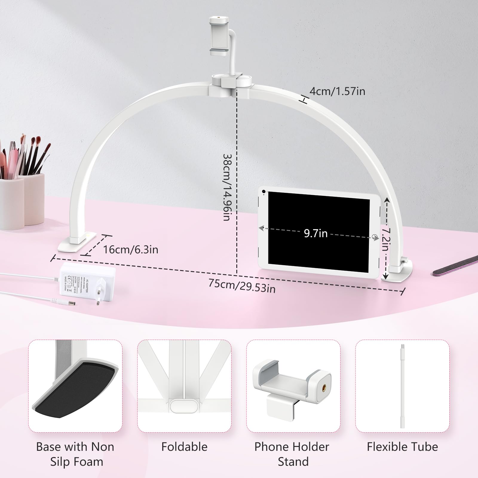 Mezza Luna Lampada per Nghie: 29" Lampada da Tavolo per Unghie con Supporto - Luce Unghie da Tavolo con 3 Modalità Colore e 10 Livelli di Luminosità Regolabili per Unghie (Bianco, Grande)