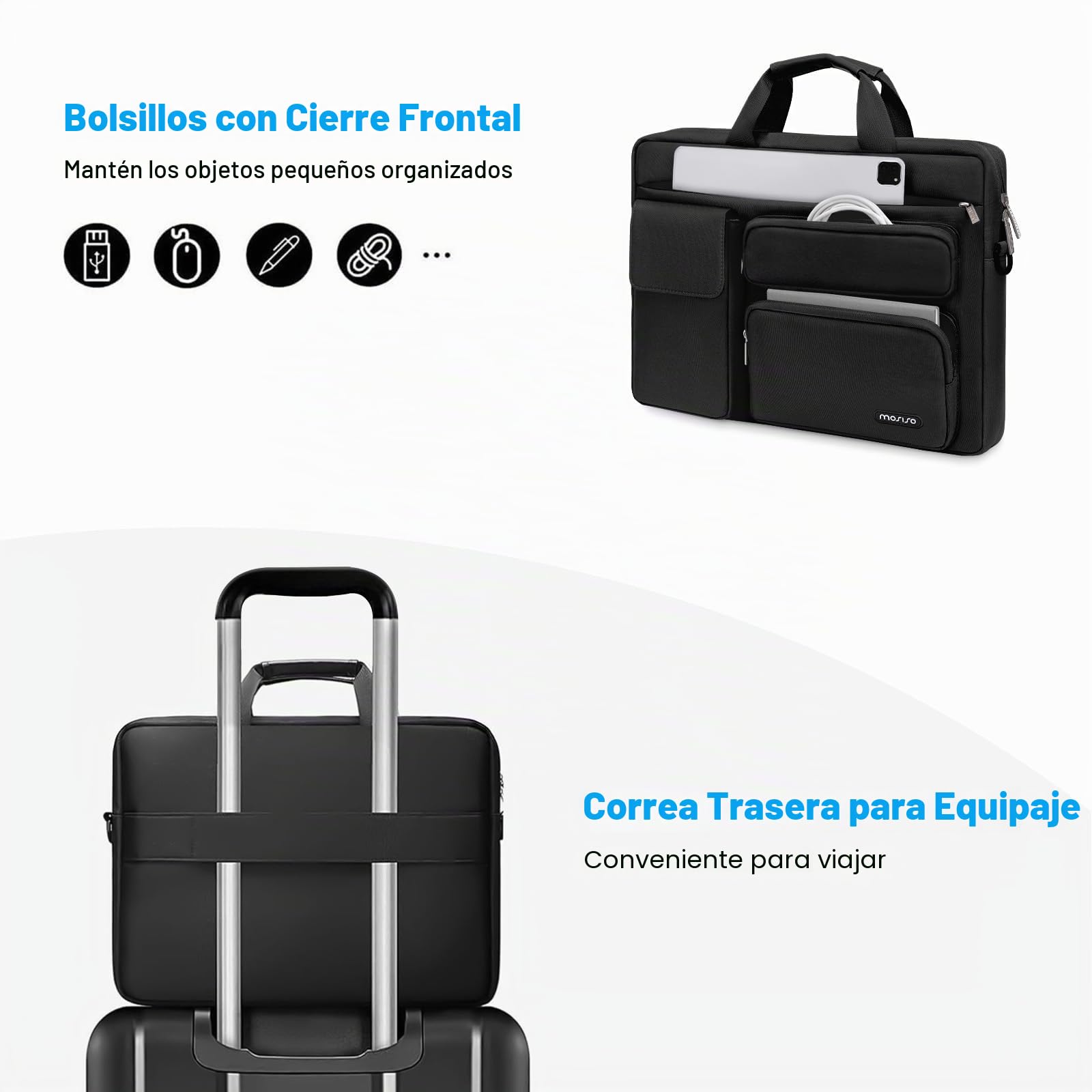 MOSISO Bolso Bandolera Portátil, Maletín con 2 Bolsillos Elevados&1 Solapa&1 Bolsillo Horizontal&Asa&Cinturón, Compatible con MacBook HP Lenovo Dell ASUS Acer, Negro, 16 Pulgadas